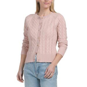 ELIE TAHARI Pink Long Sleeve Crew Neck Button Down Cable Knit Cardigan